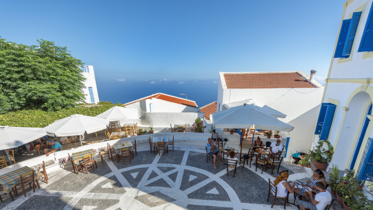 "Porta" square of Nikia village, Nisyros island, Dodecanese, Greece. This is the highest village on the volcano island Nisyros. This image is GPS tagged