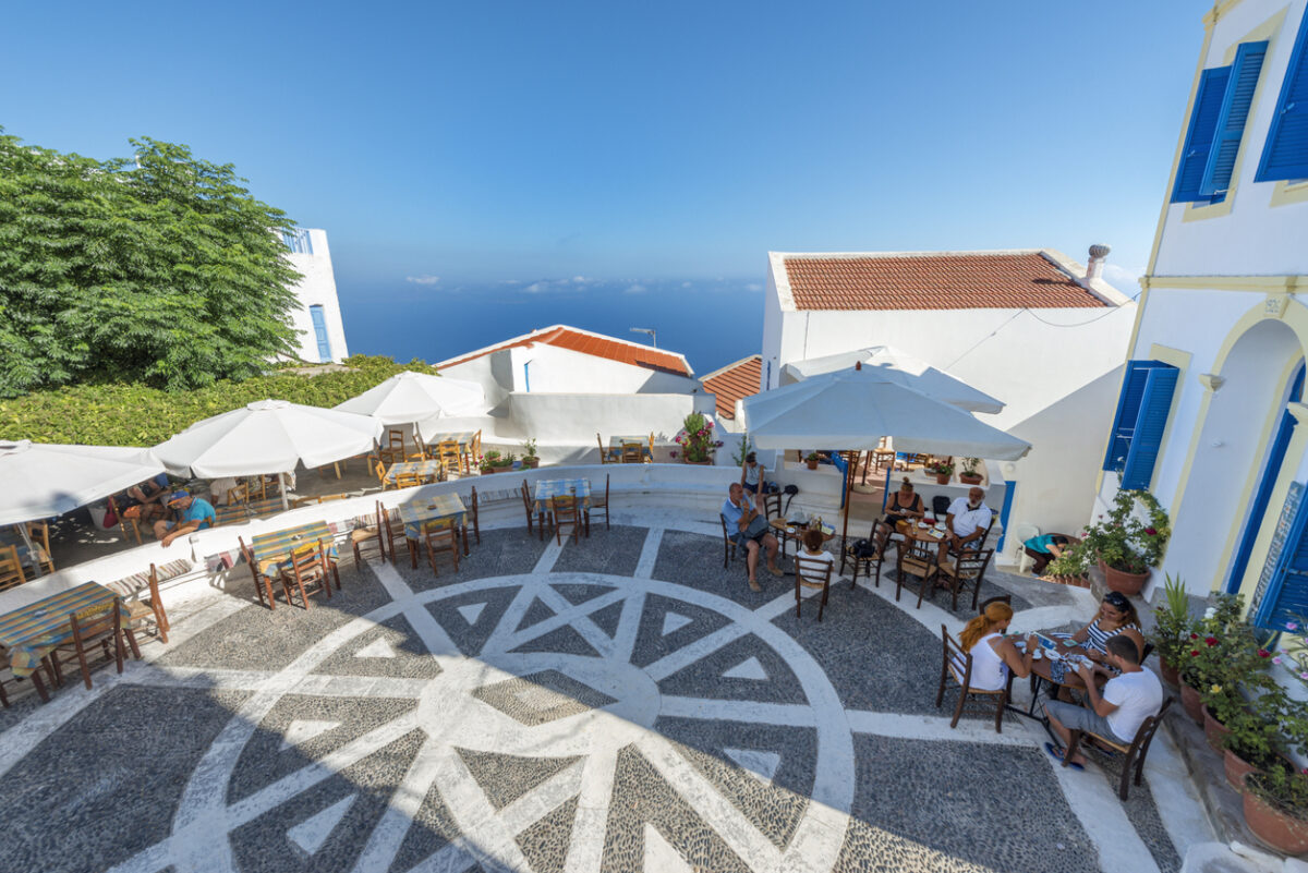 "Porta" square of Nikia village, Nisyros island, Dodecanese, Greece. This is the highest village on the volcano island Nisyros. This image is GPS tagged