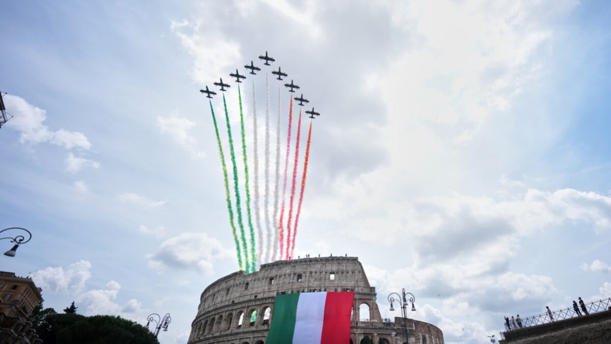 Italian aerobatic squadron Frecce Tricolori, or Tricolor Arrows, fly over the Colosseum on the occasion of the 80th anniversary of the proclamation of the Italian Republic, in Rome, Tuesday, June 2, 2026.