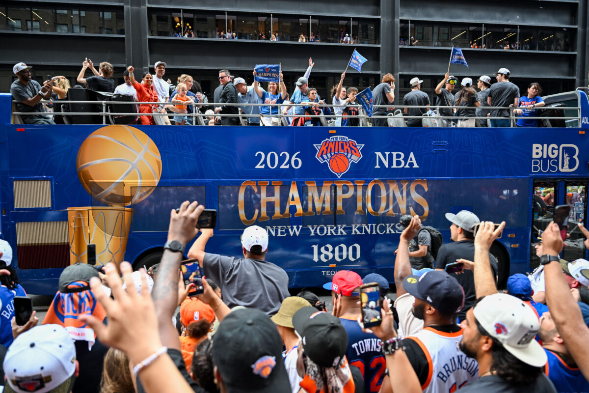 Jun 18, 2026; New York, NY, USA; A New York Knicks Champions bus passes during the New York Knicks Championship Parade through the Canyon of Heroes. Mandatory Credit: Brenden Willsch-Imagn Images
