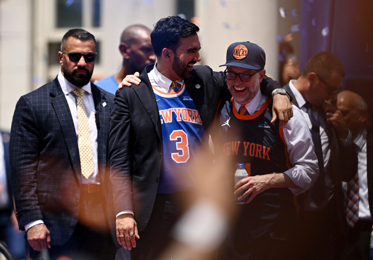 Basketball - NBA - New York Knicks Parade - New York City, New York, U.S. - June 18, 2026 New York City Mayor Zohran Mamdani with New York Knicks President Leon Rose at New York City Hall during the parade REUTERS