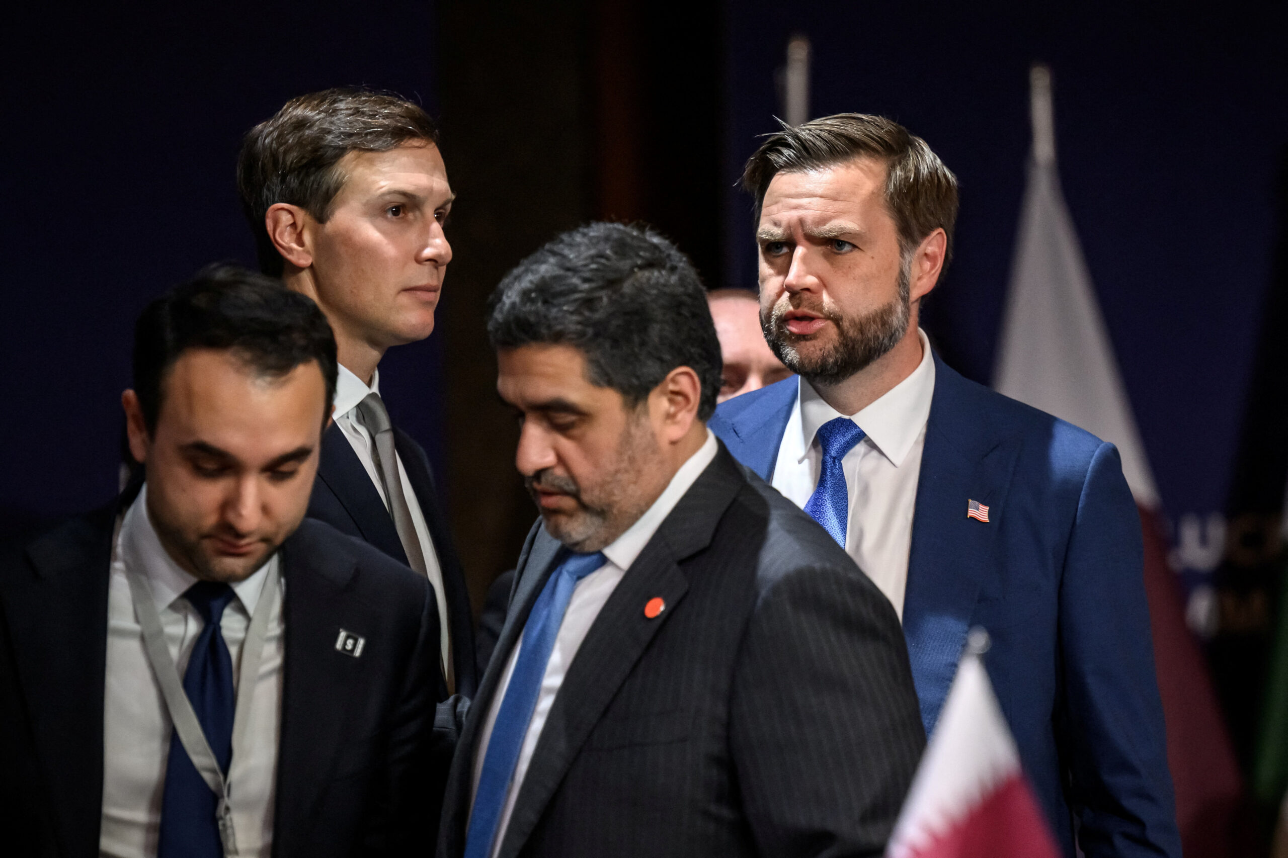 U.S. Vice President JD Vance speaks looks on next to U.S. President's son-in-law Jared Kushner prior to a quadrilateral meeting between the United States, Iran, Pakistan and Qatar at the Burgenstock luxury hotel complex overlooking Lake Lucerne, Switzerland, on June 21, 2026. FABRICE COFFRINI/Pool via REUTERS