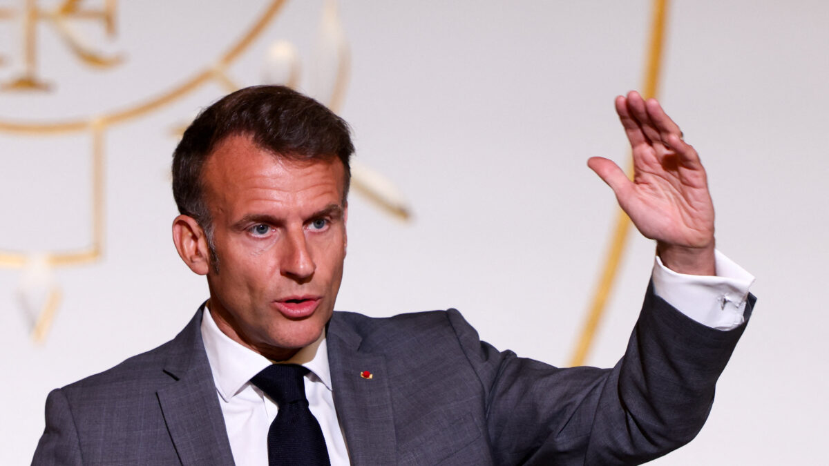 French President Emmanuel Macron delivers a speech during a meeting with the French electrification team to accelerate national mobilization in favour of the electrification of France at the Elysee Palace, in Paris, France, May 26, 2026. REUTERS/Tom Nicholson/Pool