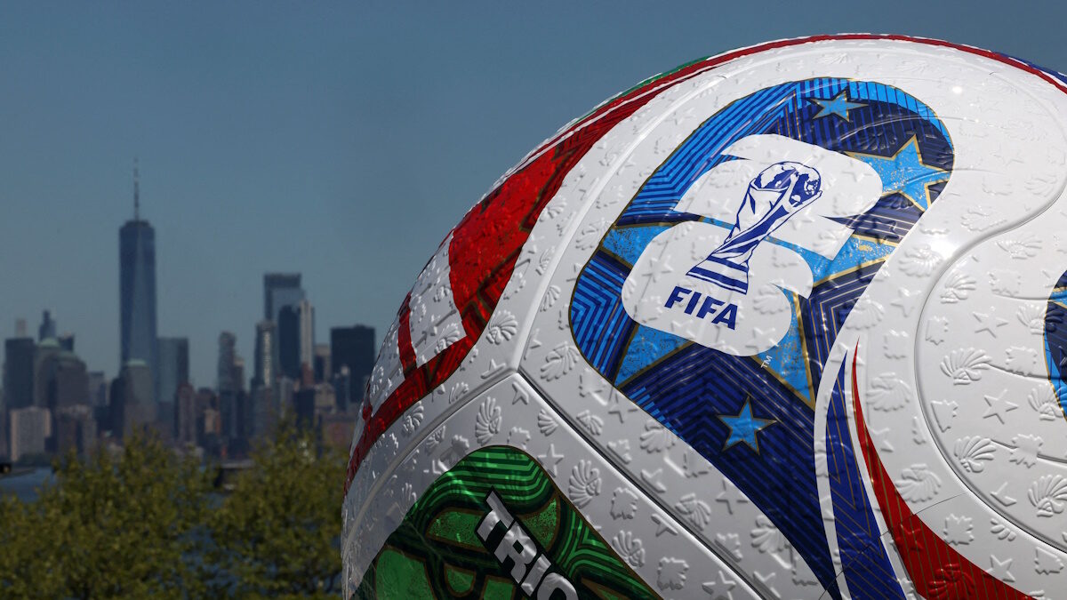 FILE PHOTO: A blow up soccer ball of the Trionda, the official match ball of the FIFA World Cup 2026, stands during a press conference announcing an official fan zone for the area in New York City, U.S.