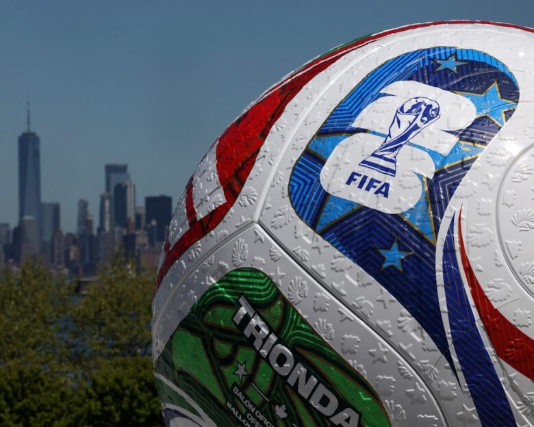 FILE PHOTO: A blow up soccer ball of the Trionda, the official match ball of the FIFA World Cup 2026, stands during a press conference announcing an official fan zone for the area in New York City, U.S.