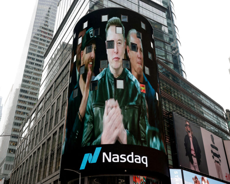 FILE PHOTO: A live feed shows SpaceX CEO Elon Musk on the day of SpaceX's initial public offering (IPO) at the Nasdaq MarketSite, in New York City, U.S., June 12, 2026. REUTERS