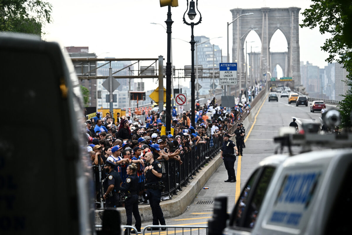 Basketball - NBA - New York Knicks Parade - New York City, New York, U.S. - June 18, 2026 General view of the Brooklyn Bridge as New York Knicks fans gather ahead of the parade REUTERS