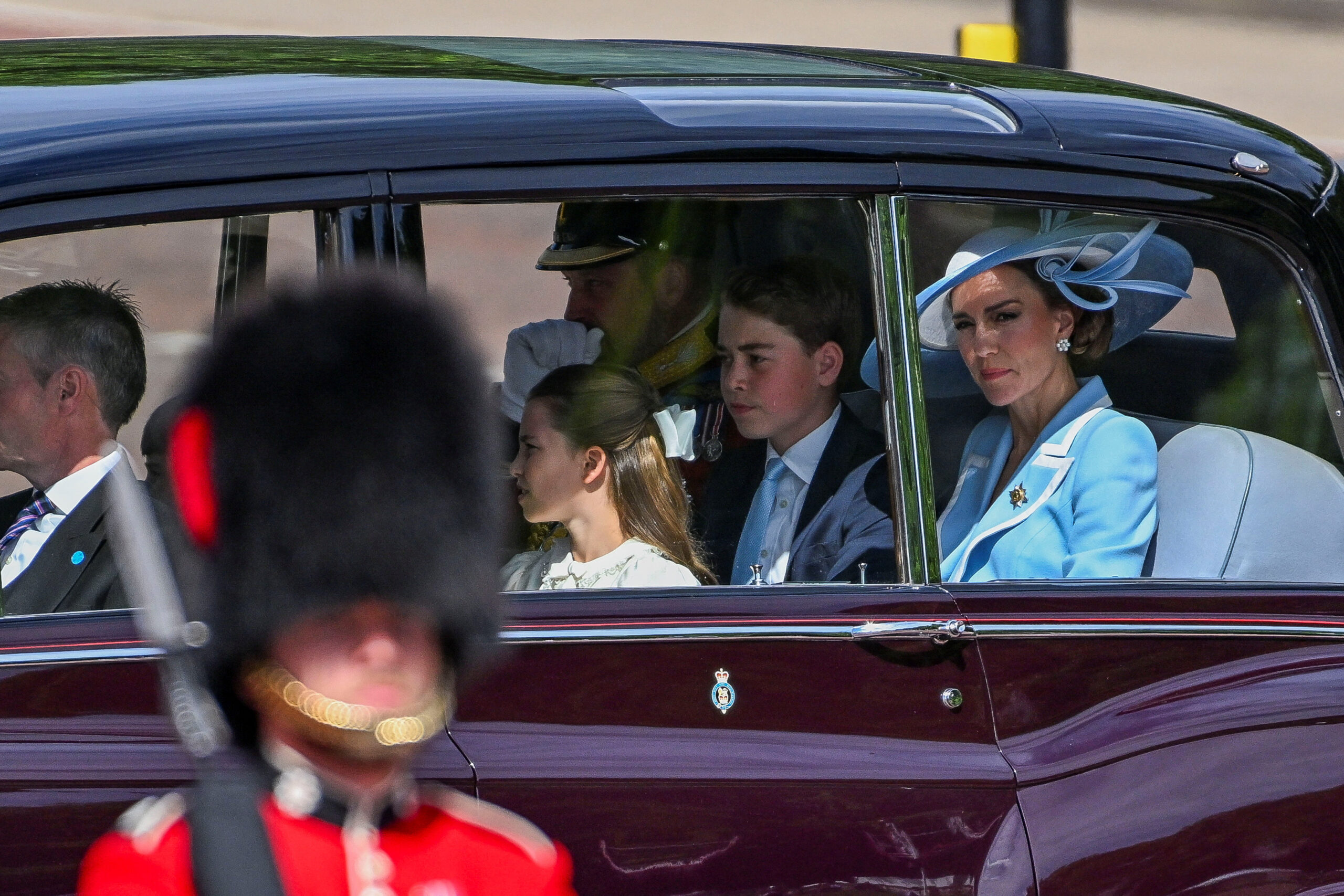 Britain's Prince William, Kate, Princess of Wales, Prince George, Princess Charlotte and Prince Louis arrive for the Trooping the Colour parade to honour Britain's King Charles, as part of the official birthday celebrations, in London, Britain, June 13, 2026. REUTERS