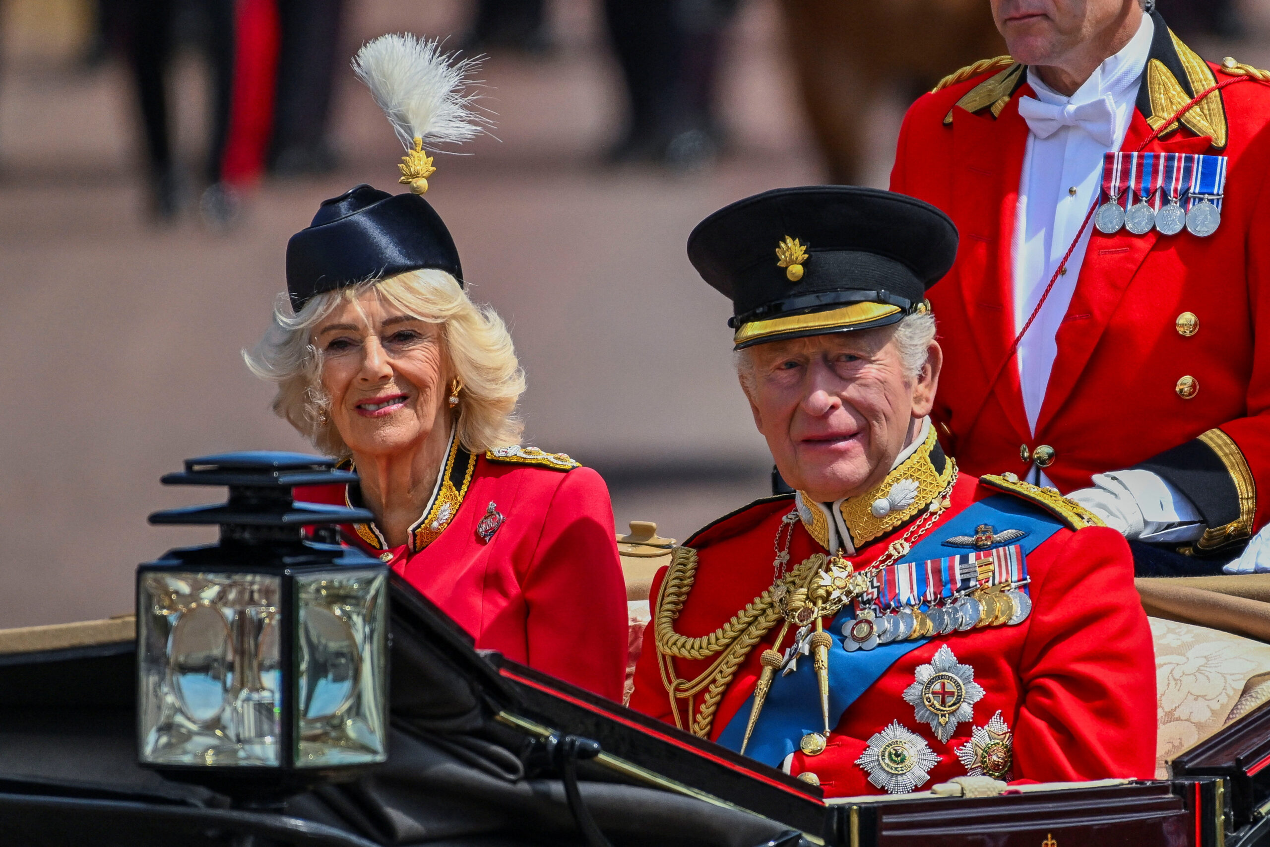 Britain's King Charles and Queen Camilla attend the Trooping the Colour parade to honour Britain's King Charles, as part of the official birthday celebrations, in London, Britain, June 13, 2026. REUTERS