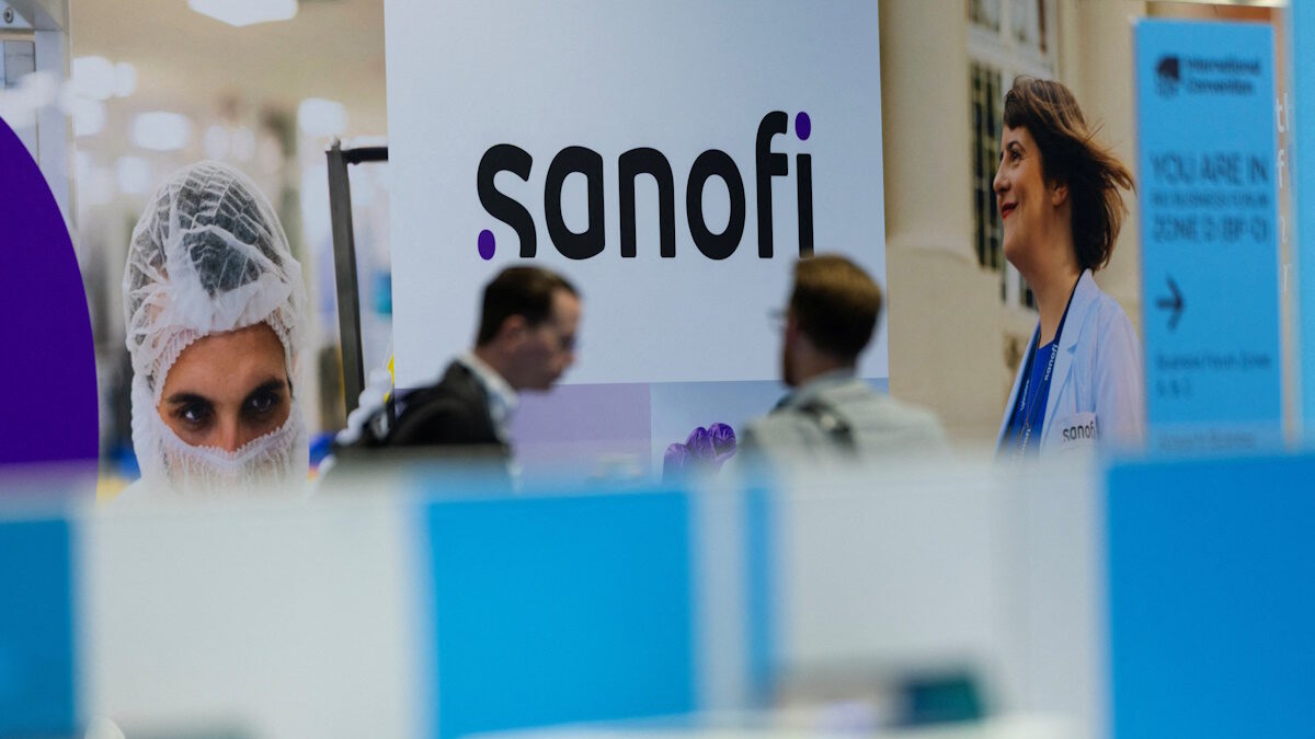 The Sanofi logo is shown at the BIO International Convention 2026, a meeting of pharmaceutical and biotechnology leaders in San Diego, California, U.S. June