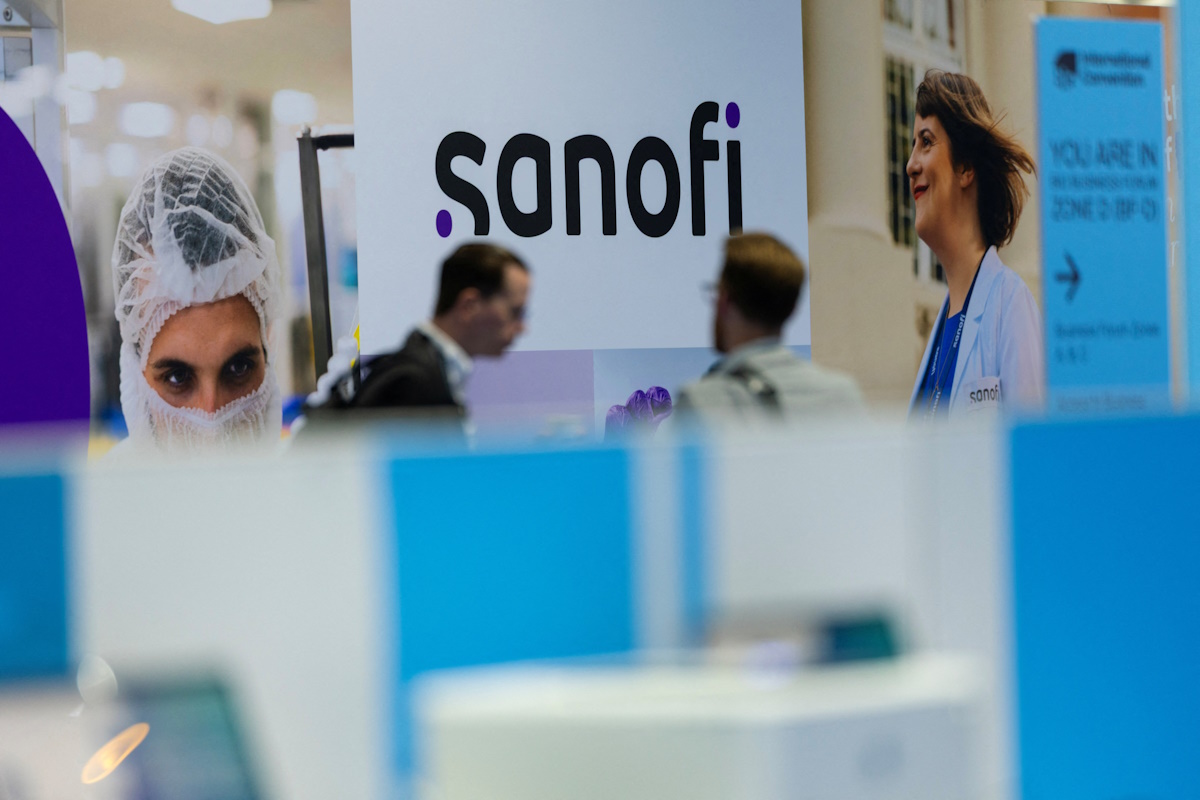 The Sanofi logo is shown at the BIO International Convention 2026, a meeting of pharmaceutical and biotechnology leaders in San Diego, California, U.S. June