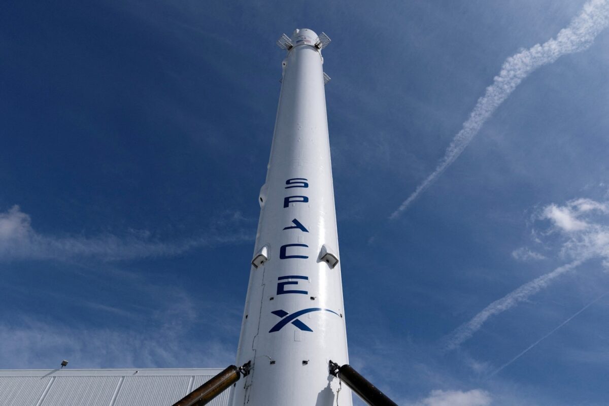 FILE PHOTO: The SpaceX Falcon 9 rocket booster is shown outside the company?s facility in Hawthorne California, U.S., April 23, 2026.