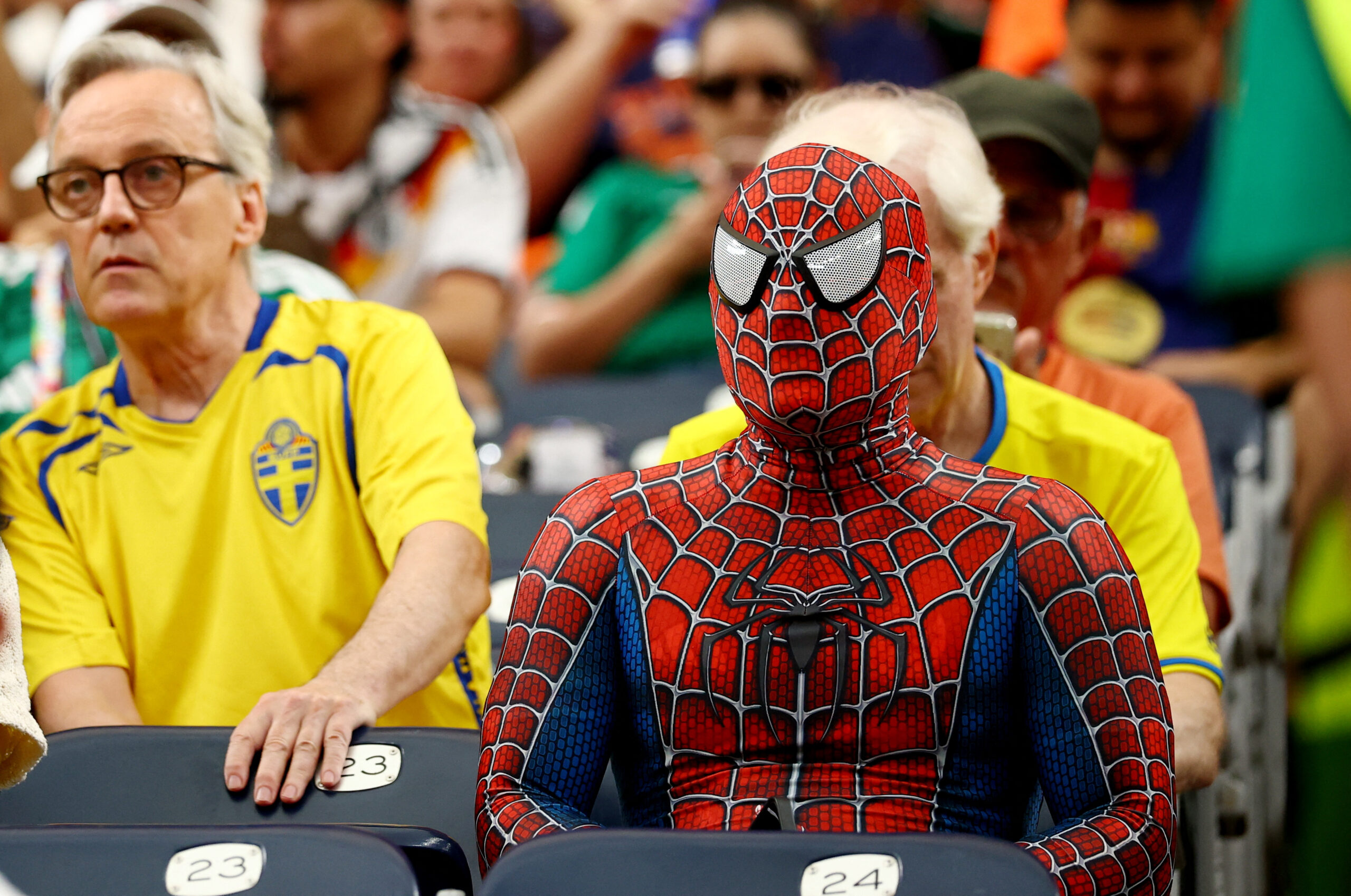 FIFA World Cup 2026 – Group F – Netherlands v Sweden Soccer Football - FIFA World Cup 2026 - Group F - Netherlands v Sweden - Houston Stadium, Houston, Texas, U.S. - June 20, 2026 A fan dressed as Spider-Man inside the stadium before the match REUTERS/Phil Noble