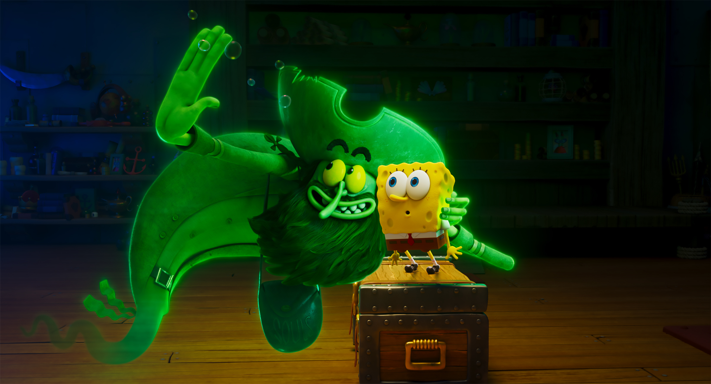 Flying Dutchman (Mark Hamill) and SpongeBob SquarePants (Tom Kenny) in The SpongeBob Movie: Search For SquarePants from Paramount Animation and Nickelodeon.