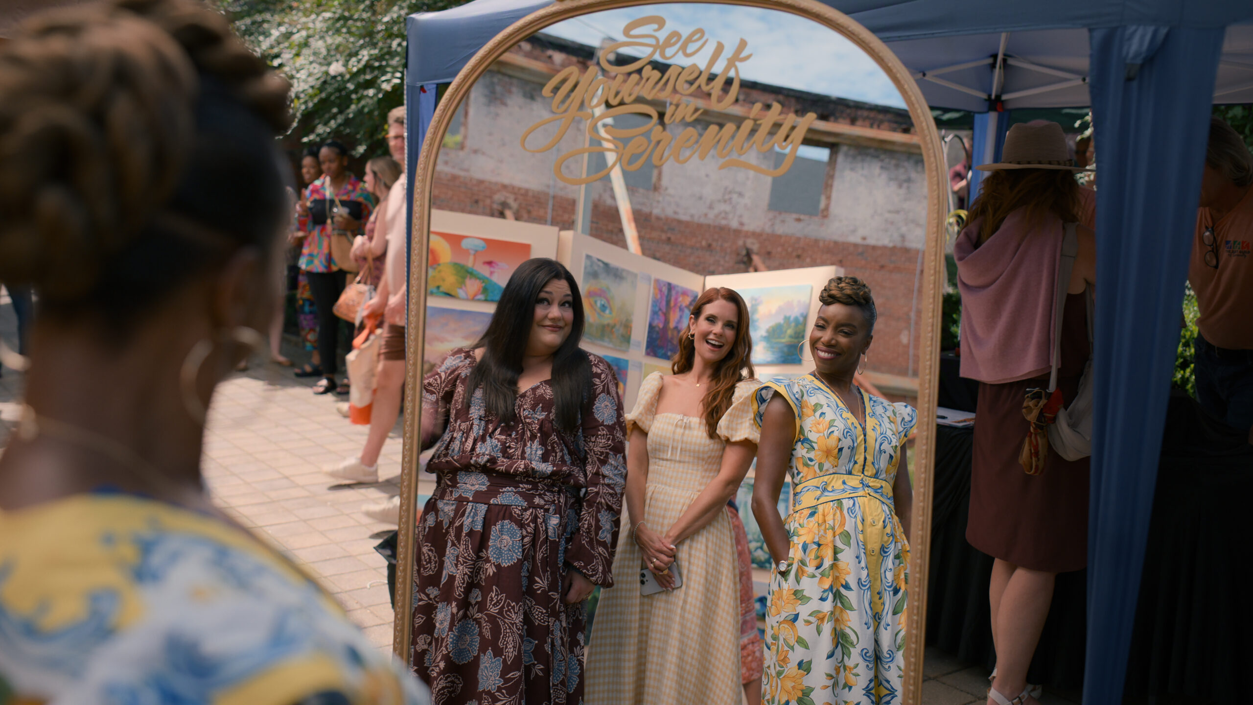 SWEET MAGNOLIAS. (L to R) Brooke Elliott as Dana Sue Sullivan, JoAnna Garcia Swisher Maddie Townsend and Heather Headley as Helen Decatur in episode 509 of SWEET MAGNOLIAS. Cr. Courtesy of Netflix. © 2025.