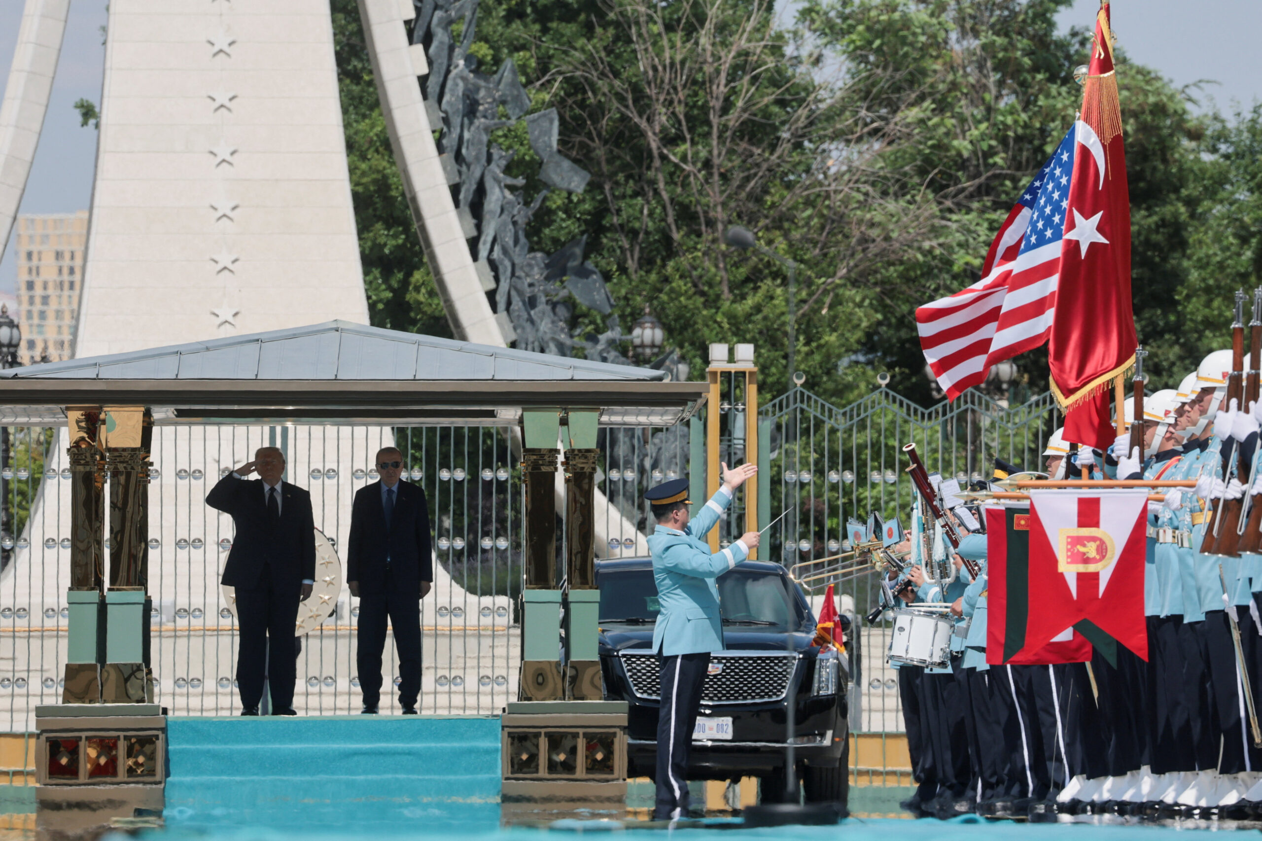 U.S. President Trump arrives in Turkey for the NATO summit U.S. President Donald Trump and Turkish President Tayyip Erdogan participate in a state arrival ceremony and honor guard review, ahead of a NATO leaders summit, at the Bestepe Presidential Compound in Ankara, Turkey, July 7, 2026. REUTERS/Jonathan Ernst