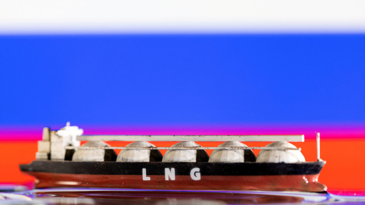 FILE PHOTO: Model of LNG tanker is seen in front of Russia's flag in this illustration taken May 19, 2022.