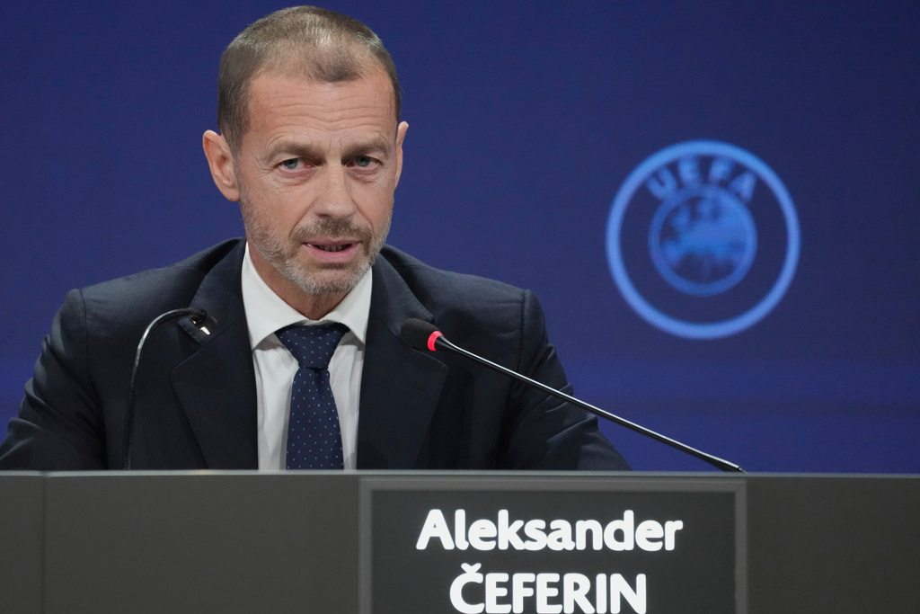 FILE - UEFA President Aleksander Ceferin speaks during a press conference after the 49th ordinary UEFA congress, in Belgrade, Serbia, Thursday, April 3, 2025. (AP Photo
