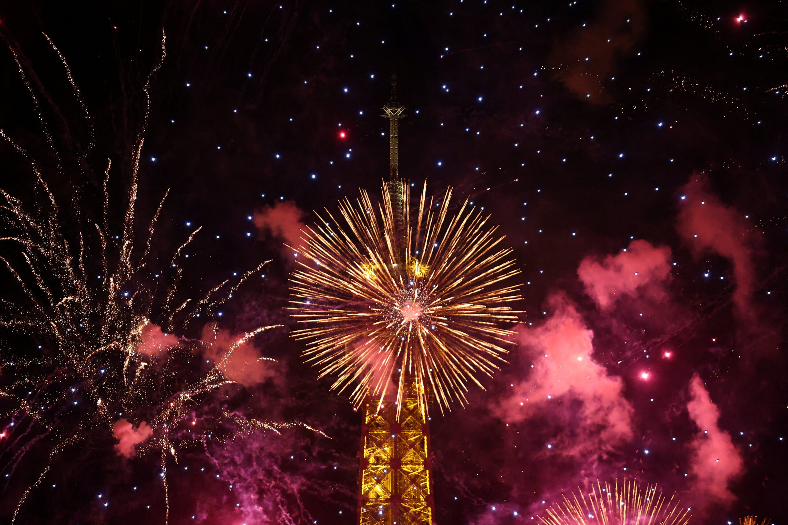 Fireworks shoot off at the Eiffel Tower to mark Bastille Day celebrations in Paris, France, July 13, 2026. REUTERS