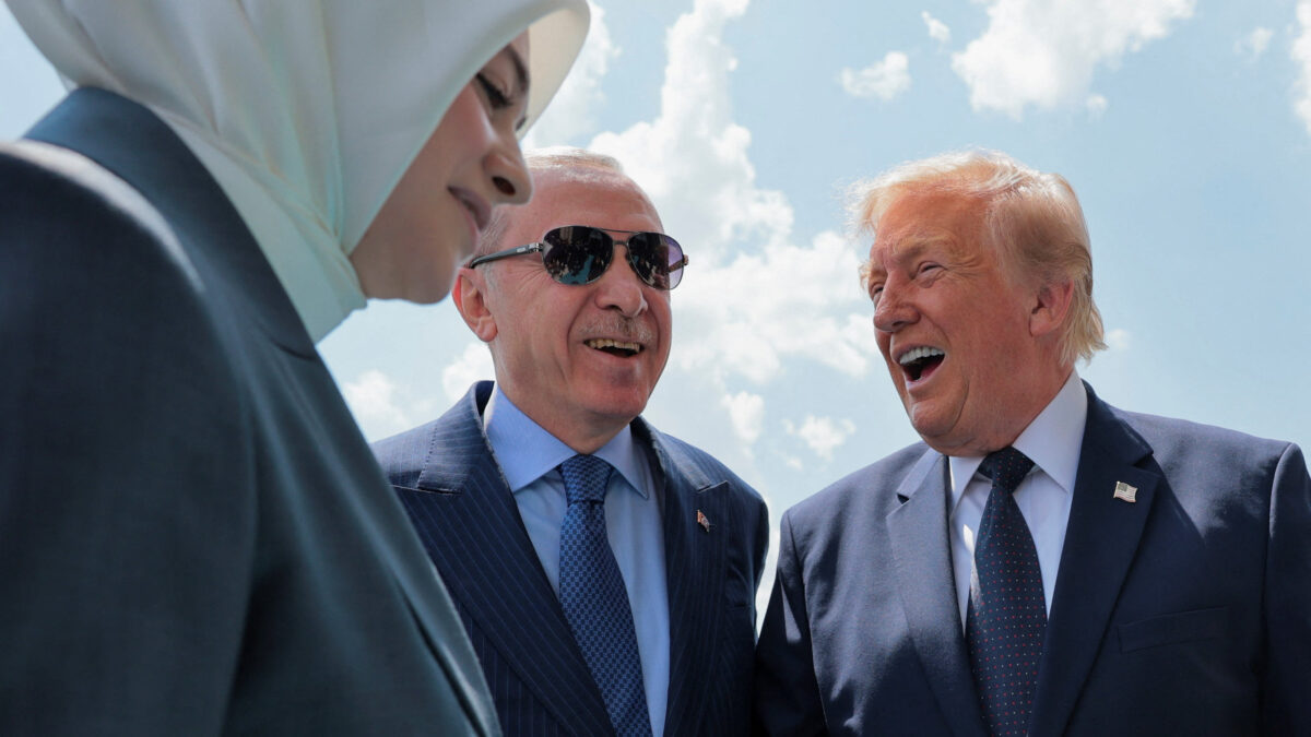 U.S. President Donald Trump is greeted by Turkish President Tayyip Erdogan as he arrives aboard Air Force One at Etimesgut Air Base, for a NATO summit, in Ankara, Turkey, July 7, 2026. REUTERS