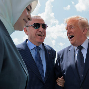 U.S. President Donald Trump is greeted by Turkish President Tayyip Erdogan as he arrives aboard Air Force One at Etimesgut Air Base, for a NATO summit, in Ankara, Turkey, July 7, 2026. REUTERS