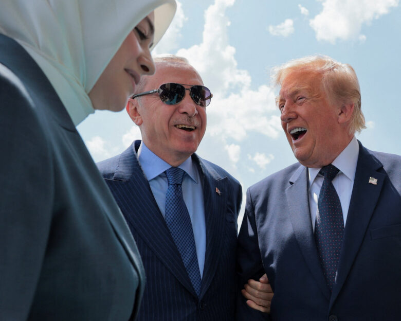 U.S. President Donald Trump is greeted by Turkish President Tayyip Erdogan as he arrives aboard Air Force One at Etimesgut Air Base, for a NATO summit, in Ankara, Turkey, July 7, 2026. REUTERS