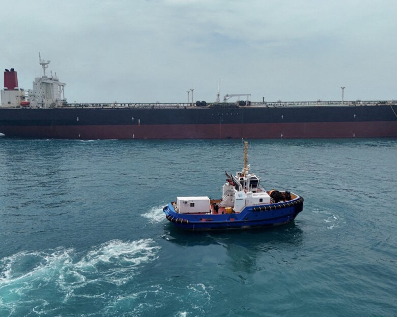 FILE PHOTO: Drone view of oil tanker HELGA berthed at one of Iraq's southern offshore oil terminals near Basra as it prepares to load crude oil, becoming the second vessel to arrive since the closure of the Strait of Hormuz, April 24, 2026.