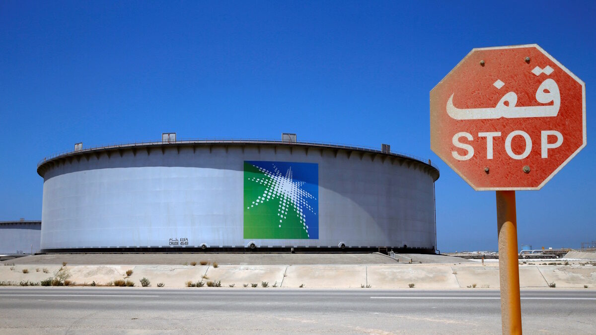 FILE PHOTO: An Aramco tank is seen at Saudi Aramco's Ras Tanura oil refinery and oil terminal in Saudi Arabia May 21, 2018.