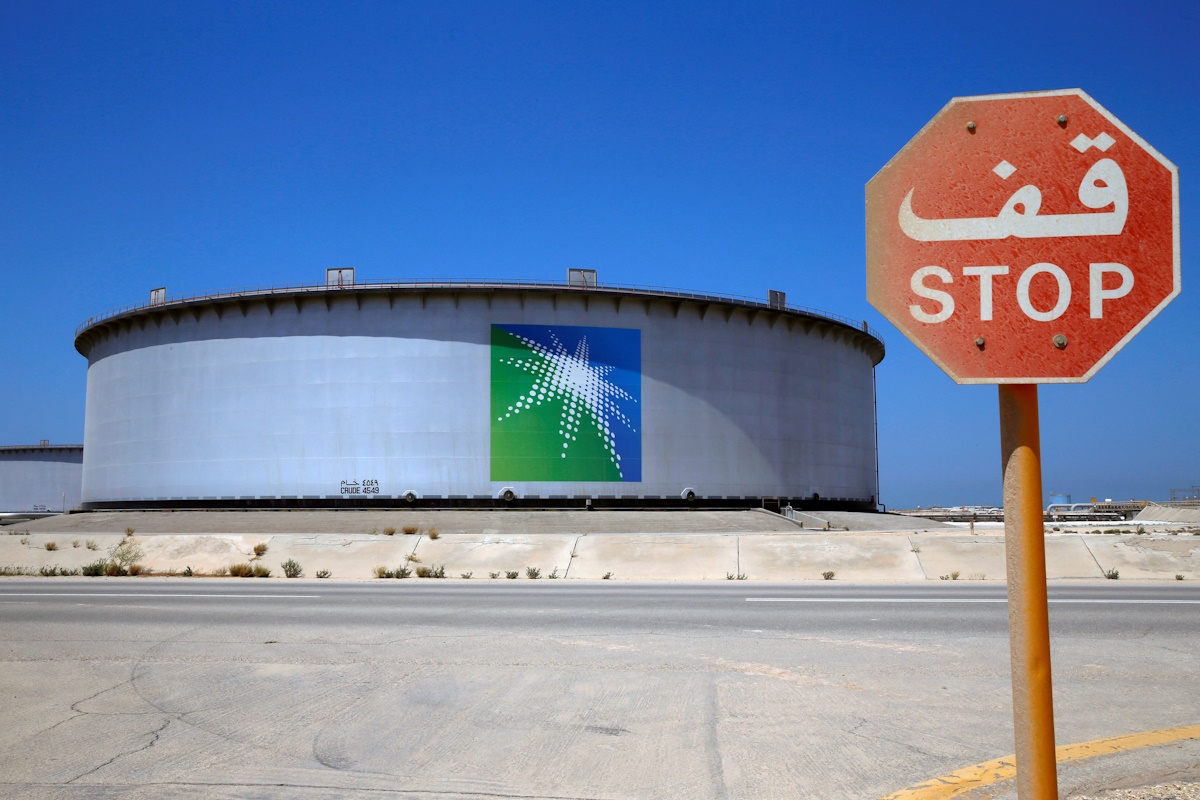 FILE PHOTO: An Aramco tank is seen at Saudi Aramco's Ras Tanura oil refinery and oil terminal in Saudi Arabia May 21, 2018.