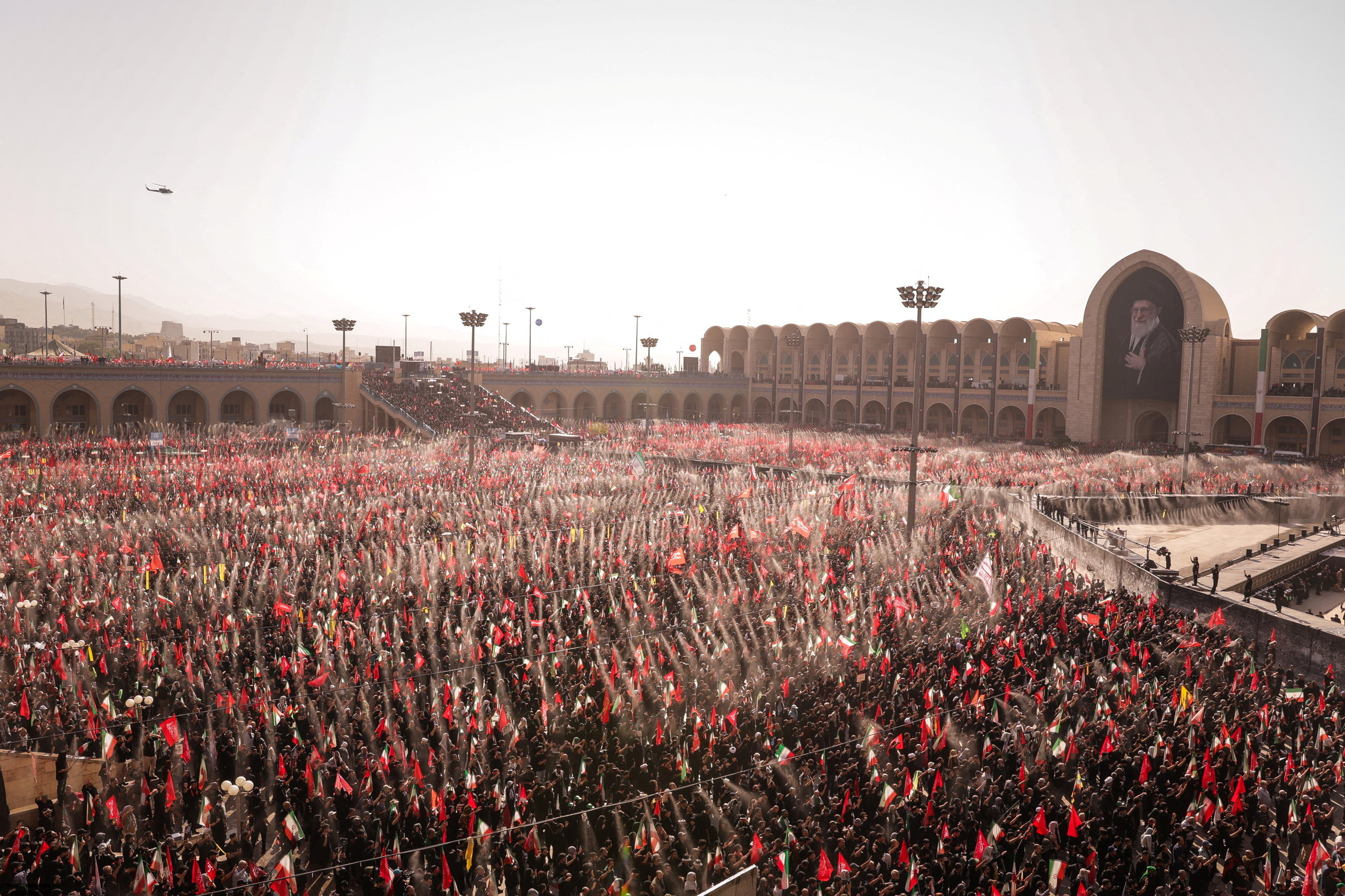 Mourners attend a prayer during a public farewell ceremony to pay their respects to late Supreme Leader Ayatollah Ali Khamenei, who was killed on February 28 in Israeli and U.S. airstrikes, at the Imam Khomeini Grand Mosalla, in Tehran, Iran, July 5, 2026. Office of the Iranian Supreme Leader