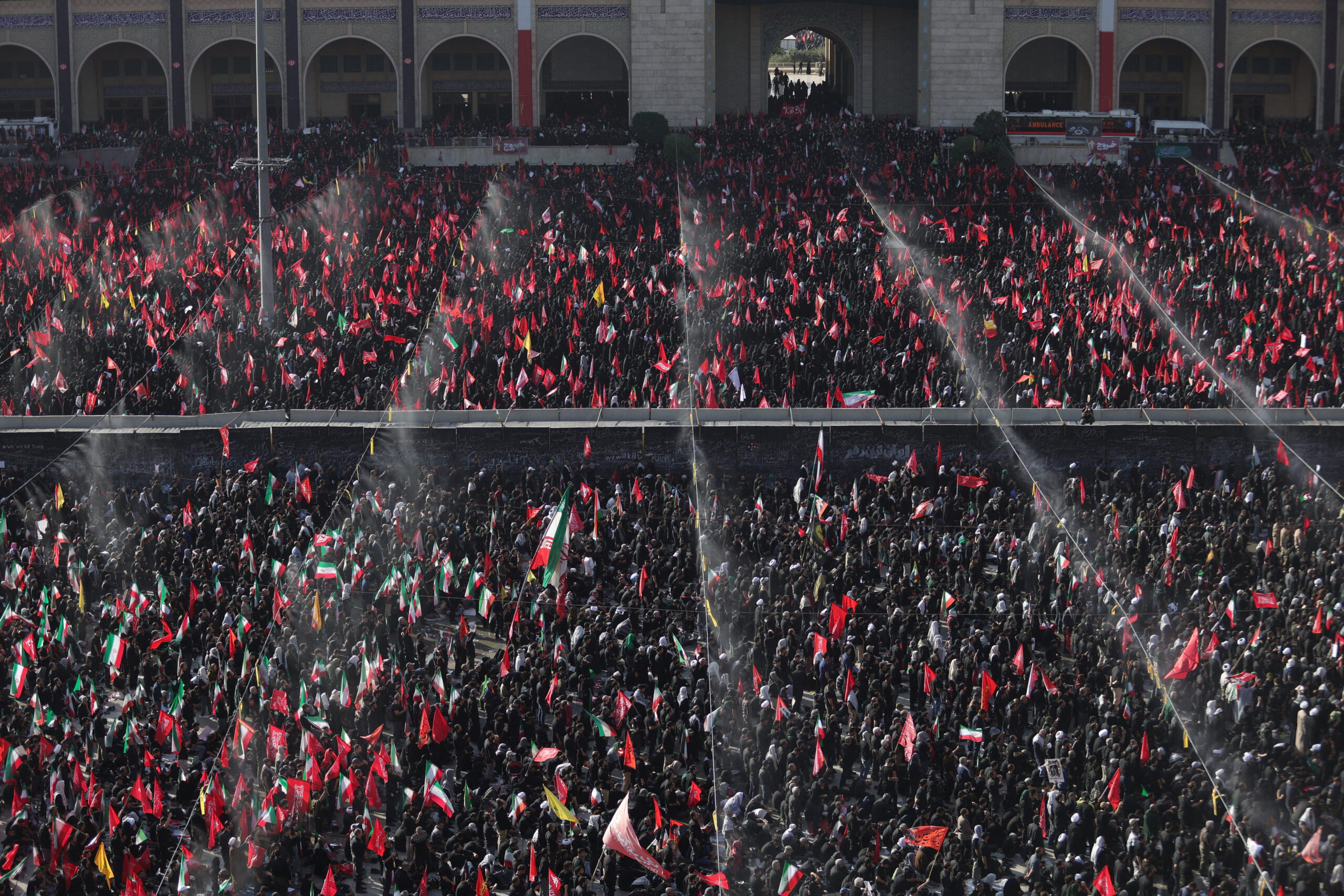 Mourners attend a prayer during a public farewell ceremony to pay their respects to late Supreme Leader Ayatollah Ali Khamenei, who was killed on February 28 in Israeli and U.S. airstrikes, at the Imam Khomeini Grand Mosalla, in Tehran, Iran, July 5, 2026. Alireza Masoumi