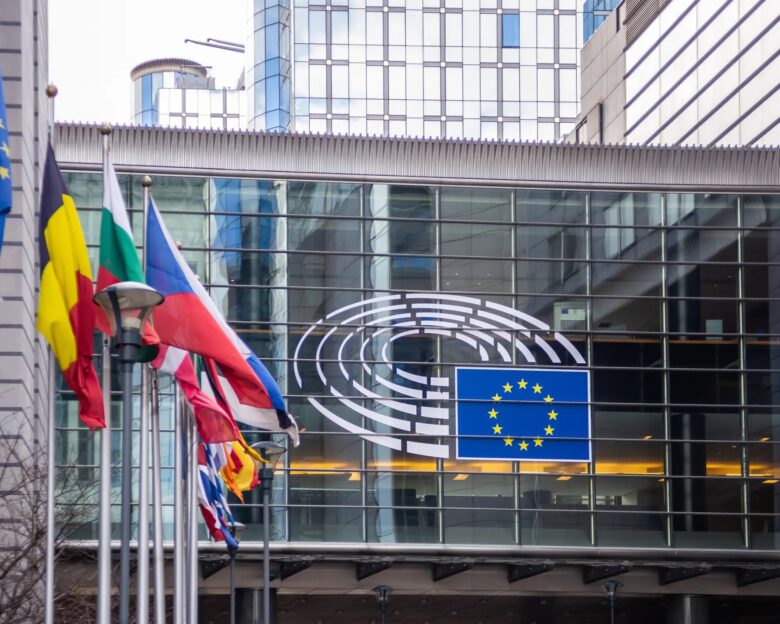 February 21, 2019. Brussels, Belgium. EU parliament. European countries flags on European parliament building facade,