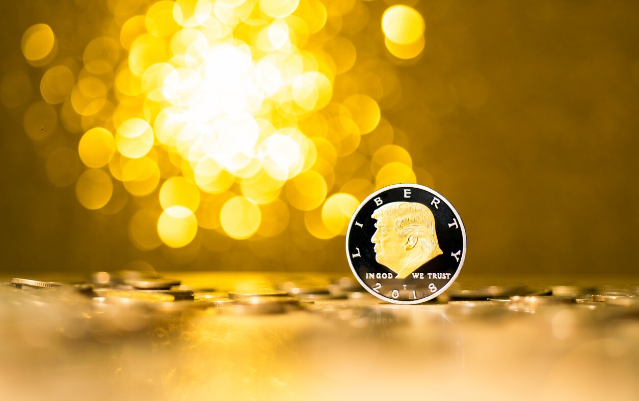 Fujian, China - December 28, 2021: Coin with Donald Trump on shiny background.Donald Trump is the 45th president of the United States