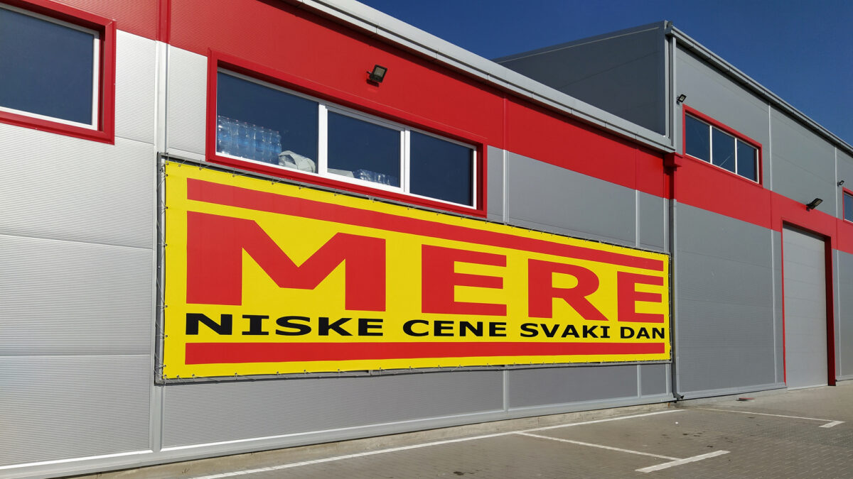 MERE discounter chain stores, Ruma, Serbia - Low prices every day. Facade of the supermarket with logo and brand MERE. Food and household goods at cheap prices.