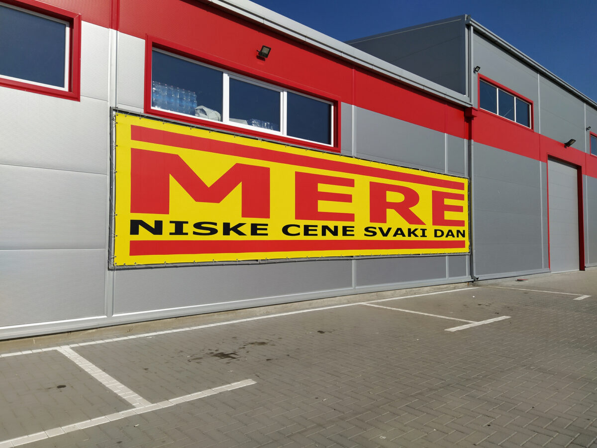 MERE discounter chain stores, Ruma, Serbia - Low prices every day. Facade of the supermarket with logo and brand MERE. Food and household goods at cheap prices.
