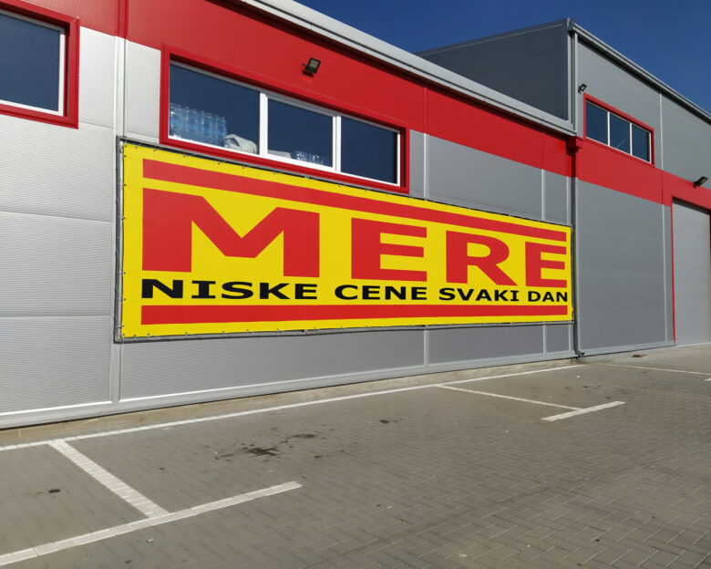 MERE discounter chain stores, Ruma, Serbia - Low prices every day. Facade of the supermarket with logo and brand MERE. Food and household goods at cheap prices.