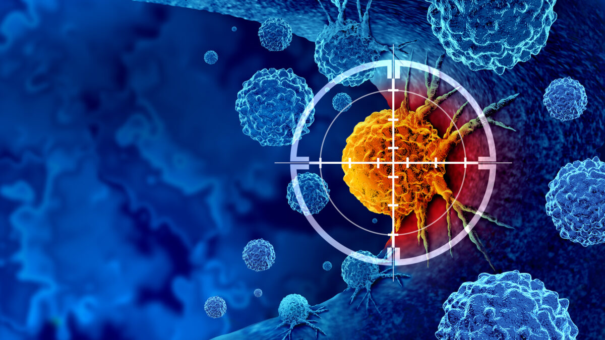 Cancer detection and screening as a treatment for malignant cells with a biopsy or testing caused by carcinogens and genetics with a cancerous cell as an immunotherapy symbol as a 3D render.