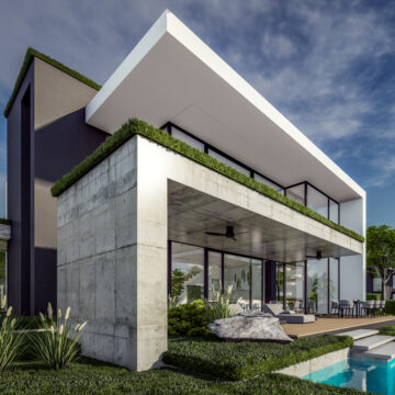 3d rendering of flat roof house with parking and pool for sale or rent with concrete facade and beautiful landscaping on background. Clear sunny summer day with blue sky