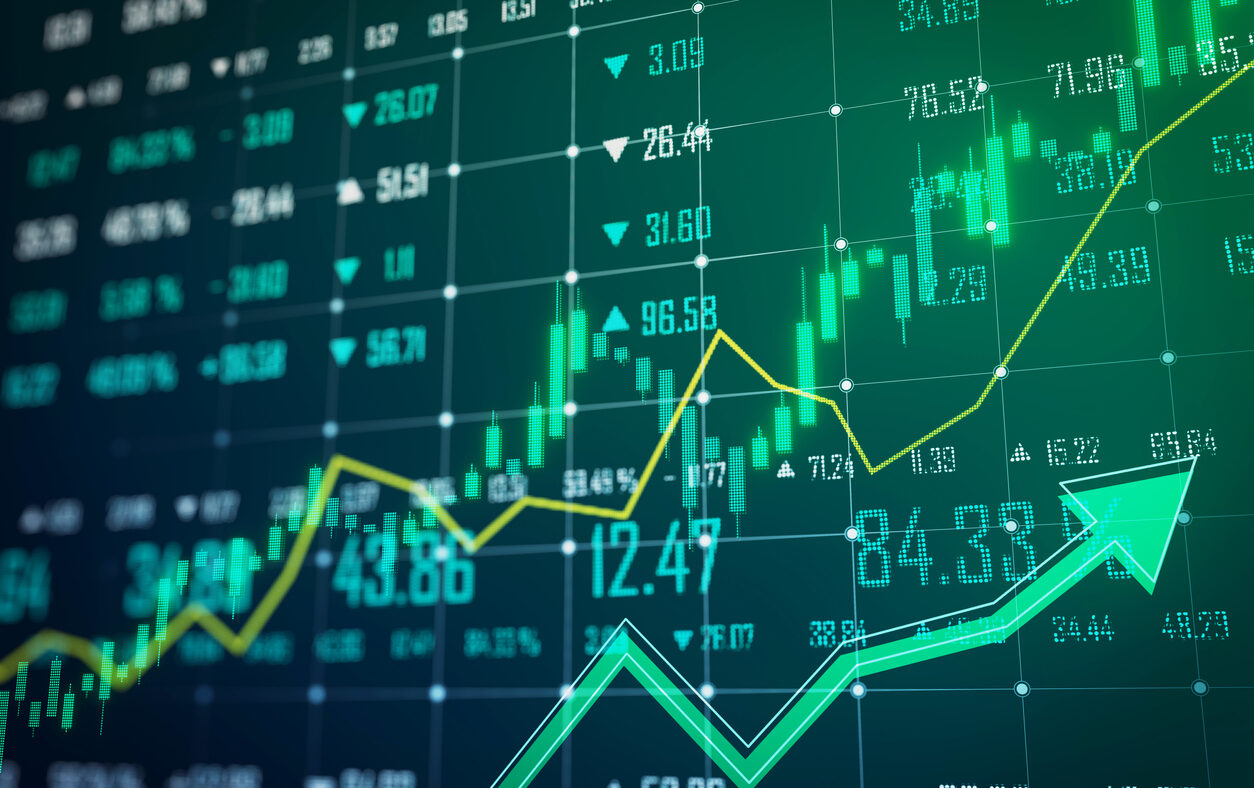A detailed stock market data display with upward trending arrows indicating positive growth, set on a dark digital background, concept of financial success. 3D Rendering