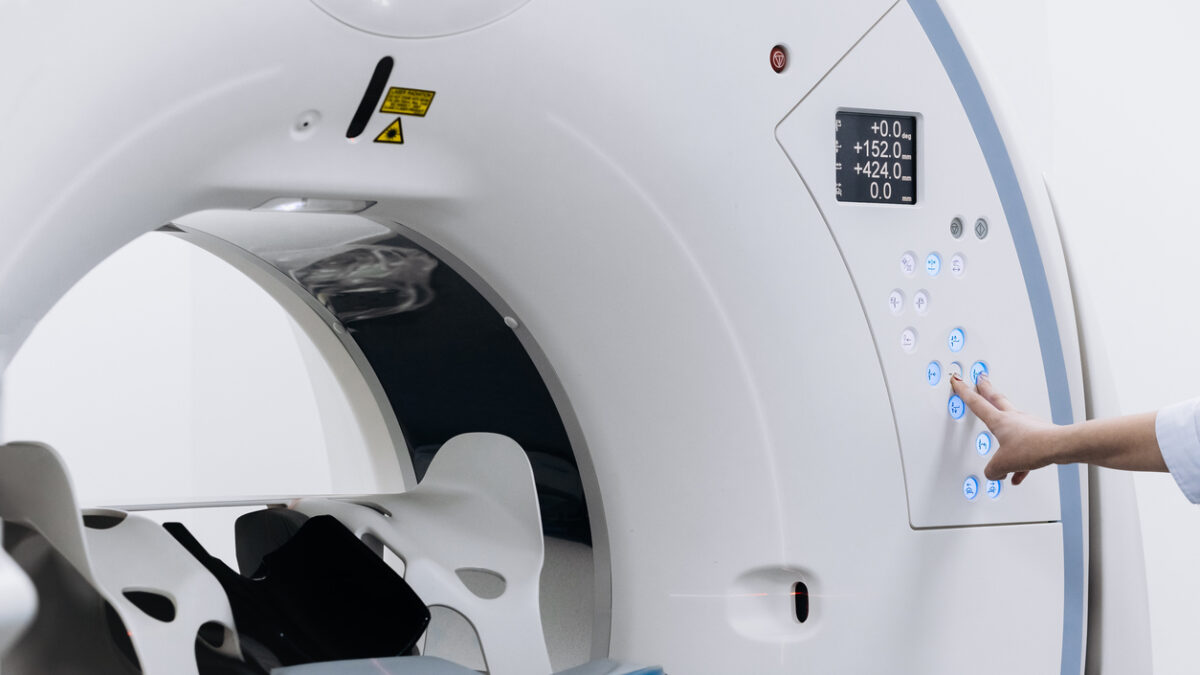 Modern CT scanner or MRI machine in a hospital radiology center. Diagnostic equipment in a medical lab.