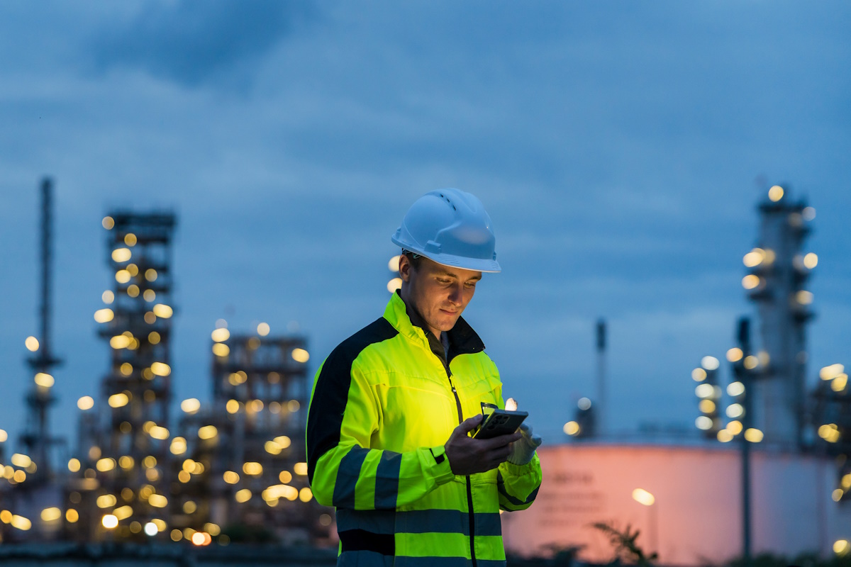 Industrial worker using a smartphone for communication at an oil and gas plant at night.