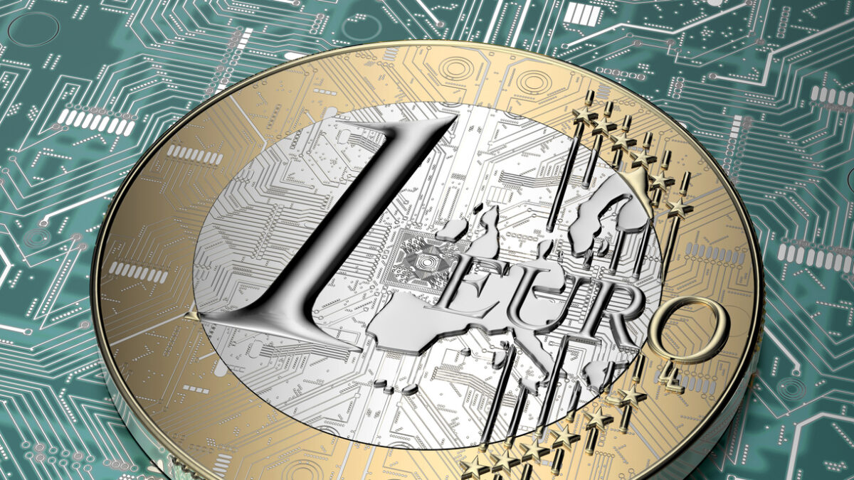 euro coin with electronic cuircuit in digital environment, 3d illustration