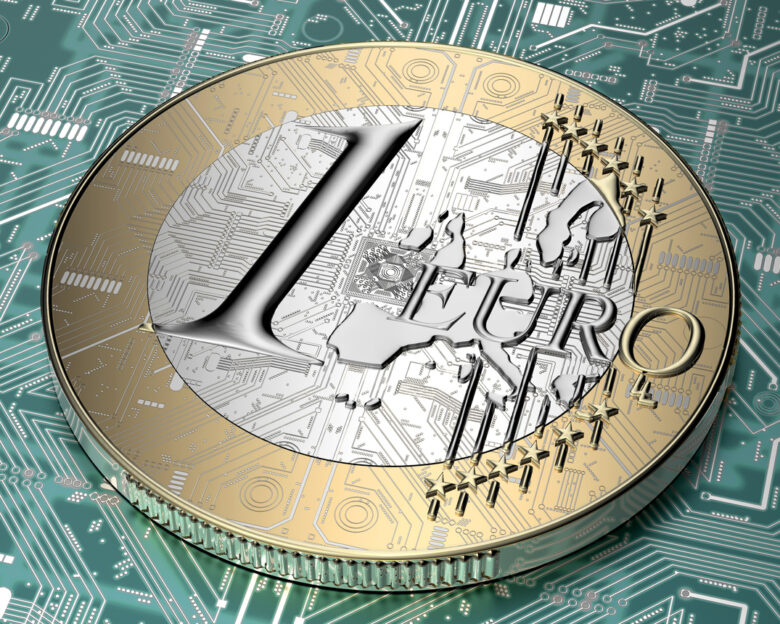 euro coin with electronic cuircuit in digital environment, 3d illustration