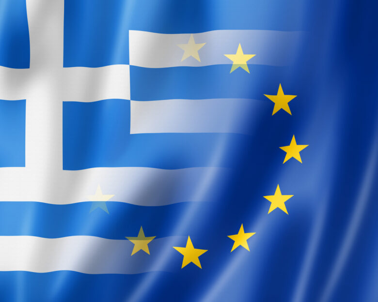 Mixed Greek and european Union flag, 3D illustration