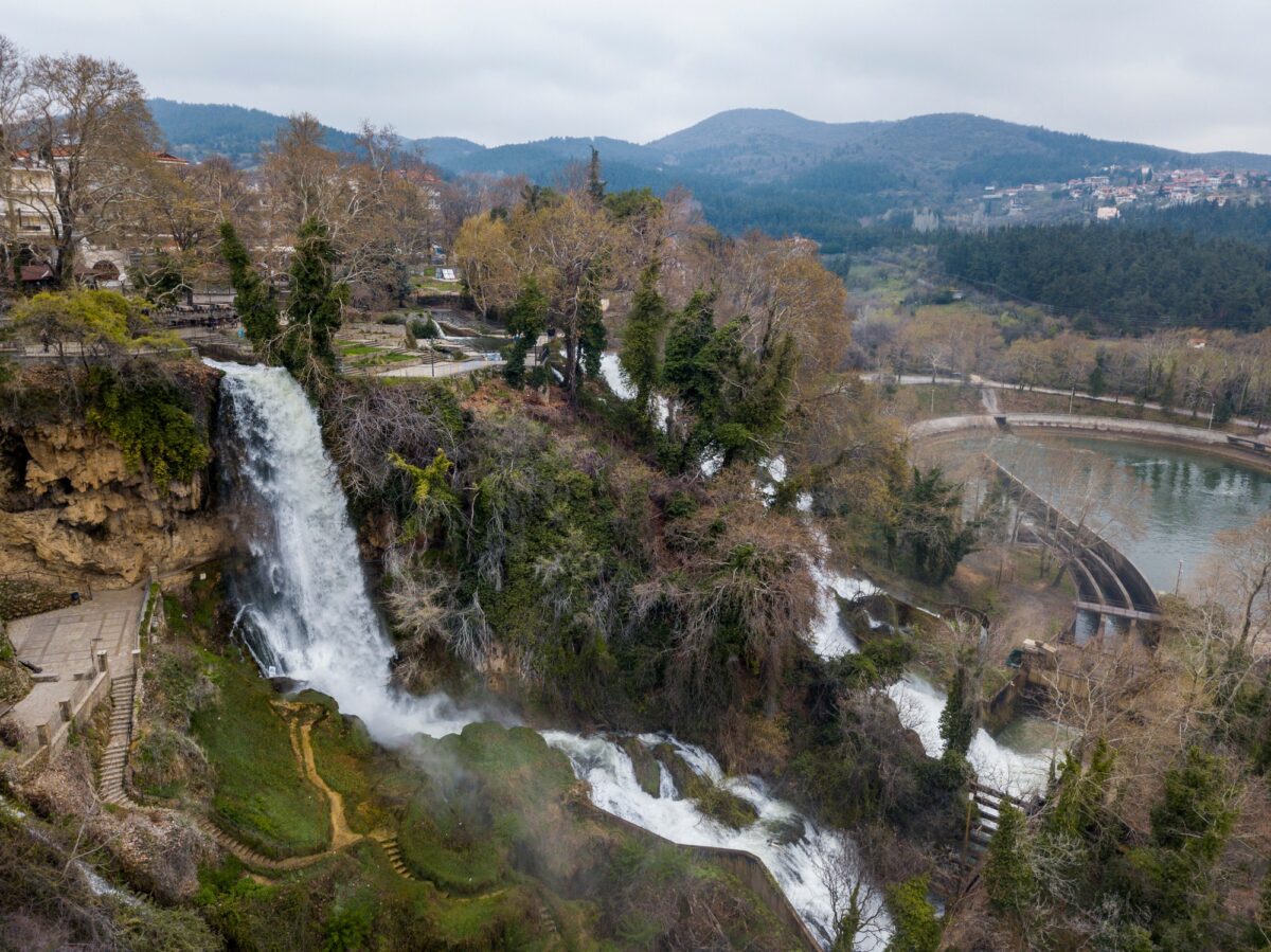 Aerial view of picturesque waterfalls in Edessa town, Greece