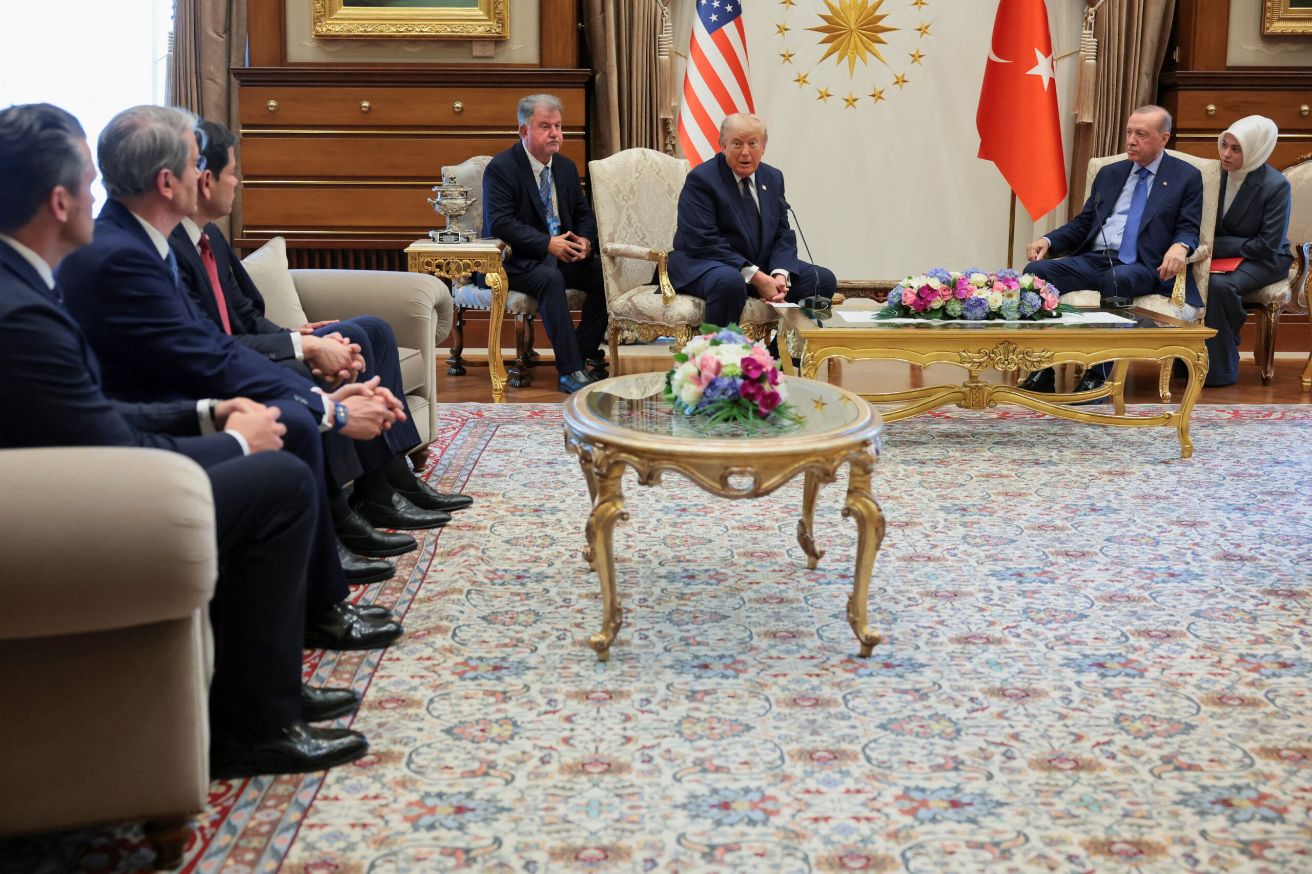 U.S. President Trump arrives in Turkey for the NATO summit U.S. President Donald Trump and Turkish President Tayyip Erdogan hold a bilateral meeting, ahead of their participation in a NATO summit, joined by U.S. Defence Secretary Pete Hegseth, Secretary of State Marco Rubio and Treasury Secretary Scott Bessent at the Bestepe Presidential Compound in Ankara, Turkey, July 7, 2026. REUTERS/Jonathan Ernst