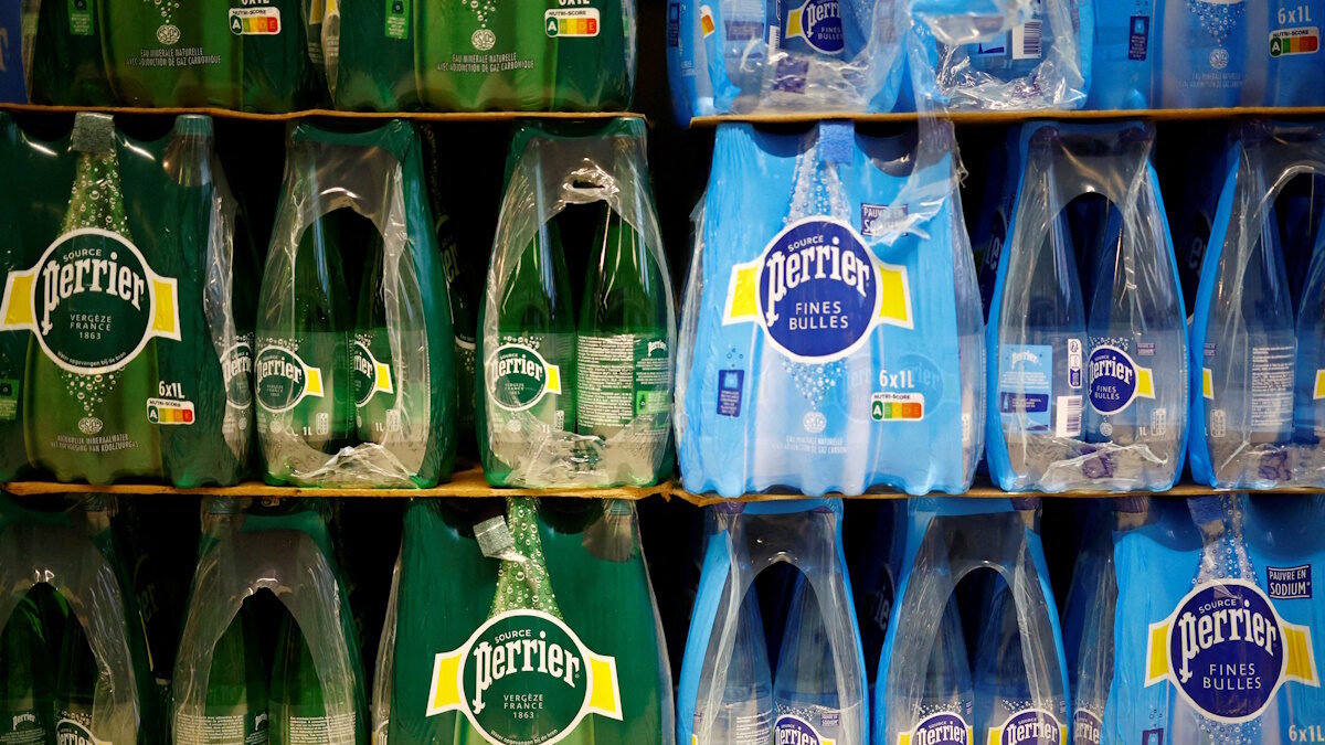 FILE PHOTO: Bottles of Perrier are displayed on a shelf in a supermarket in Vertou, France, December 16, 2024.