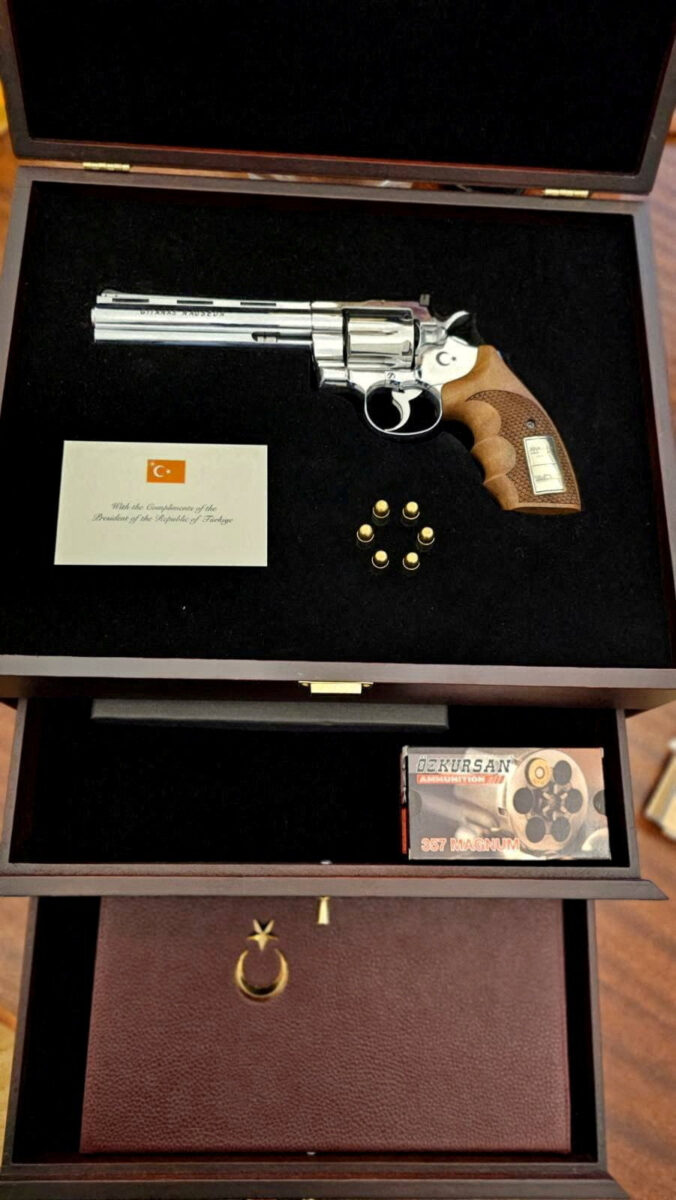 A gun gifted by Turkish President Recep Tayyip Erdogan to Lithuanian President Gitanas Nauseda at NATO summit in Ankara. Picture taken in Vilnius, Lithuania July 9, 2026. Lithuanian President's Office