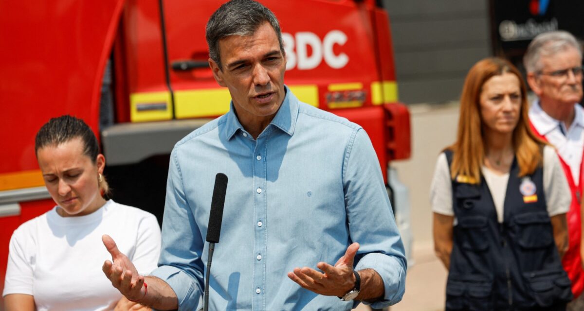 Spanish Prime Minister Pedro Sanchez speaks to the media during a visit to an area affected by a wildfire in La Vall d'Uixo, Castellon province, Spain, July 27, 2026. REUTERS/Eva Manez