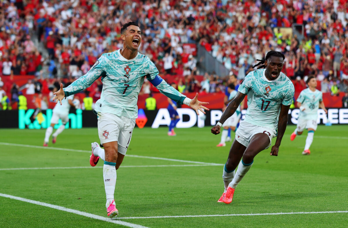 Soccer Football - FIFA World Cup 2026 - Round of 32 - Portugal v Croatia - Toronto Stadium, Toronto, Canada - July 2, 2026 Portugal's Cristiano Ronaldo celebrates scoring their first goal with Rafael Leao REUTERS